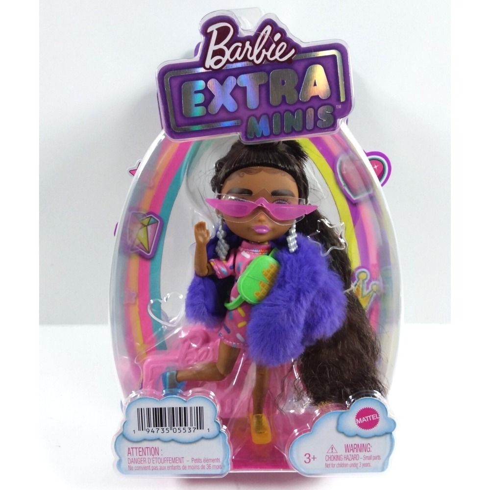 Barbie Extra Minis Doll HGP63 Brunette Hair Purple Fur Coat Pink Dress Mattel